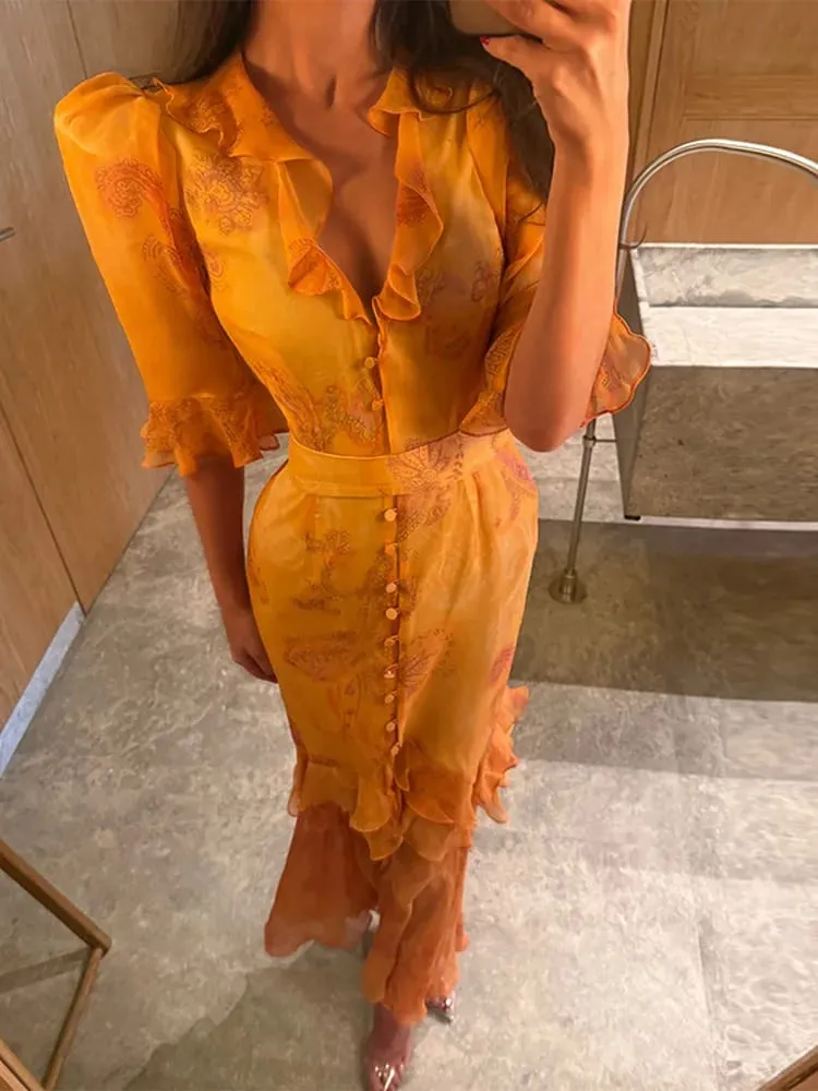 Elegant Ruffle Women's Long Dresses V Neck Half Sleeve Button Waist Cinching Pleated Dress 2026 Spring Lady Fashion Party Robes — image 6