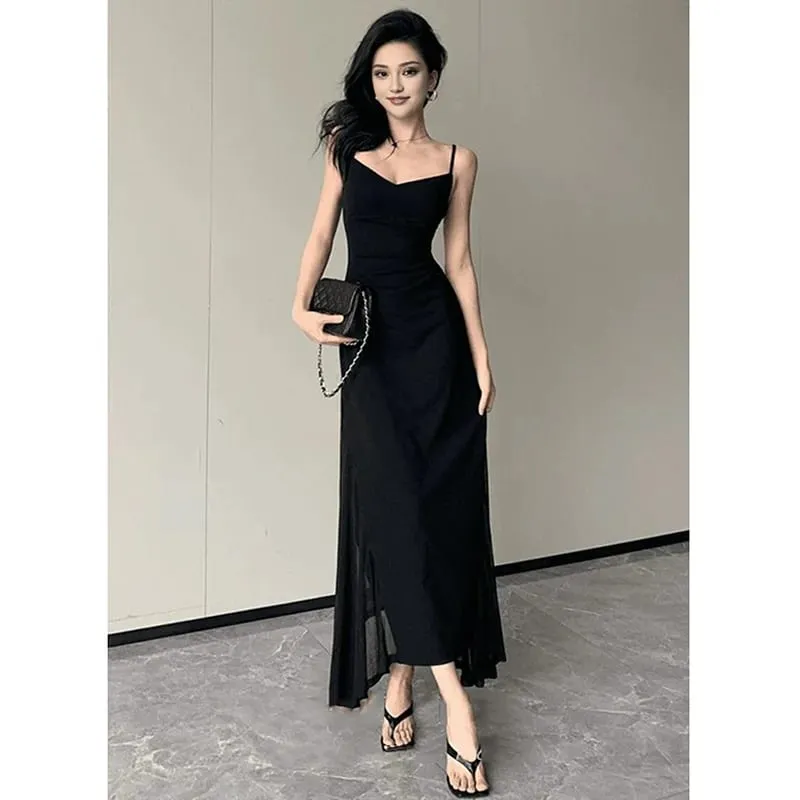 Vestido coreano com alça espaguete, decote em v, sexy, costas nuas, cintura apertada, vestidos de festa femininos, elegante, preto, transparente, midi, novo — image 5