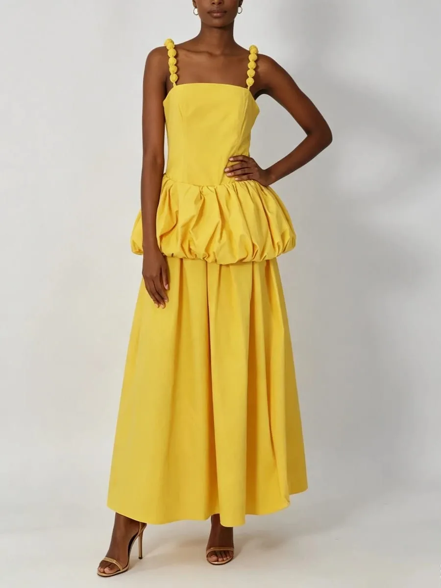 VGH Trend Yellow Maxi Dress Women Square Collar Sleeveless Folds Elegant Long Skirt for Club Evening Party Summer Fashion New