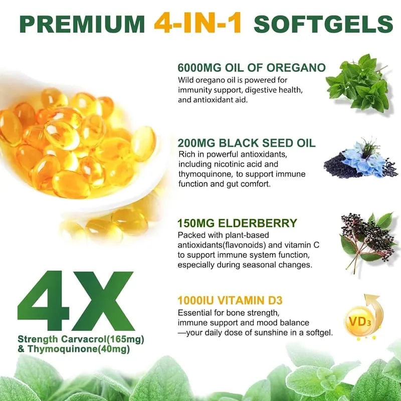 Óleo de orégano + com óleo de semente preta e sabugueiro + vitamina D3 suporta antioxidante e saúde da pele, sistema antibacteriano e imunológico — image 4