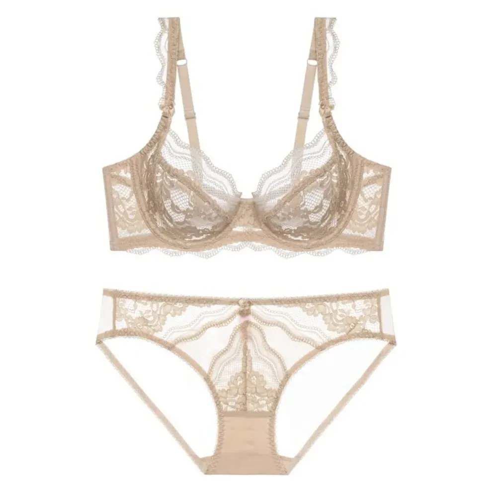 Plus Size Full Bust Minimizer Bra Set Sheer Floral Lace Thin Anti Sag Support Transparent Underwear Women Breathable Intimates — image 1
