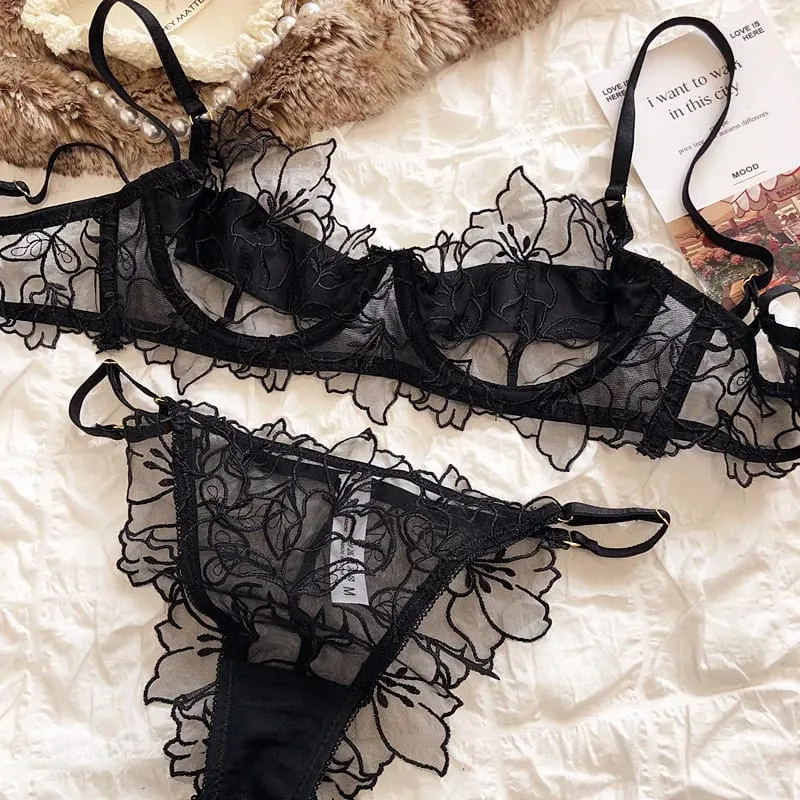Französisch Unterwäsche Set Sexy Spitze Blumen Stickerei Bh Set Frauen Dessous Sommer Ultra Dünne Atmungsaktive Bralette Dessous Höschen