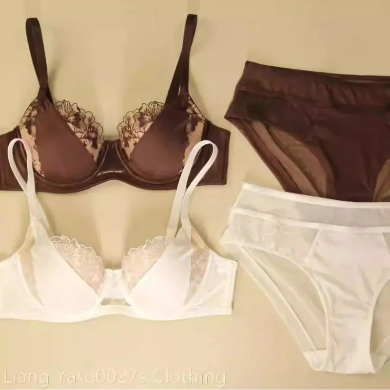 Conjunto de Lingerie Renda Bordada Sexy Para Mulheres Sutiã Minimizador Arame Macio Anti Flacidez Confortável Uso Diário