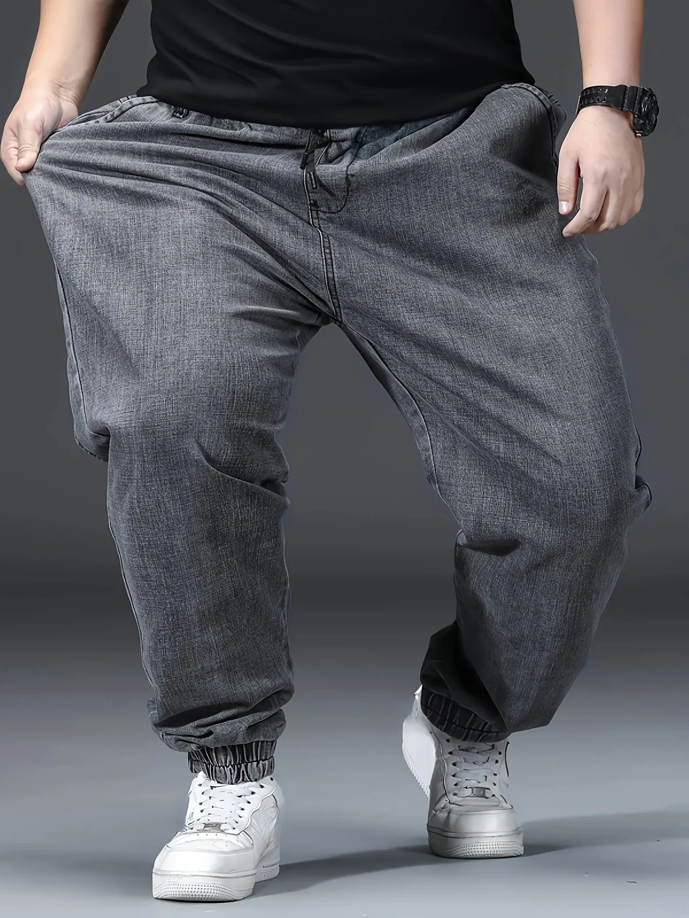 Men's Elastic Waist Loose Straight Jogger Jeans Plus Size Cuffed Ankle Denim Pants pantalones hombre Casual Trousers — image 6