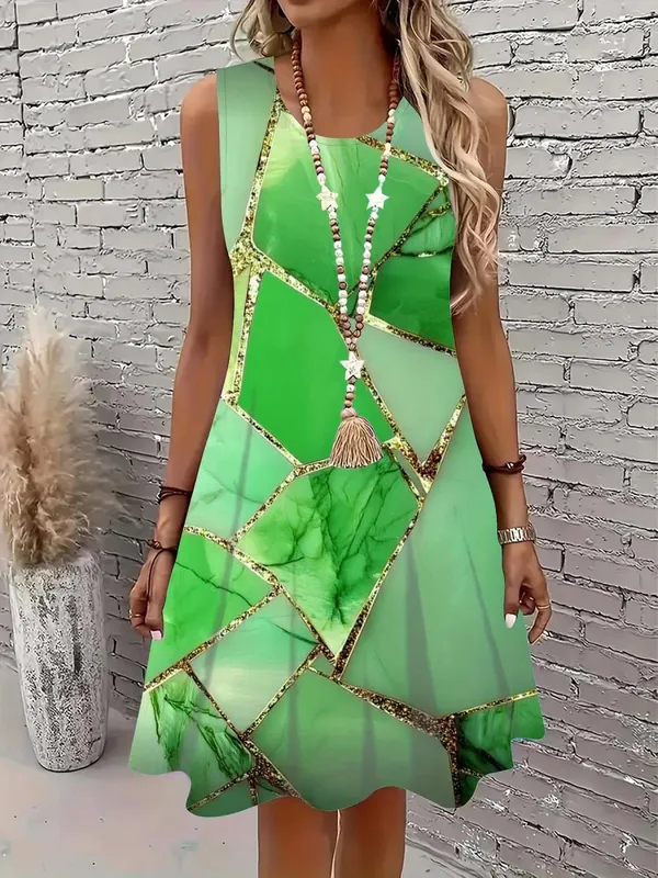 2026 Summer Women's Sleeveless Dresses Knee-Length Round-Neck Dresses Beachy Casual Dresses 3D-Printed Loose-Fitting Dresses
