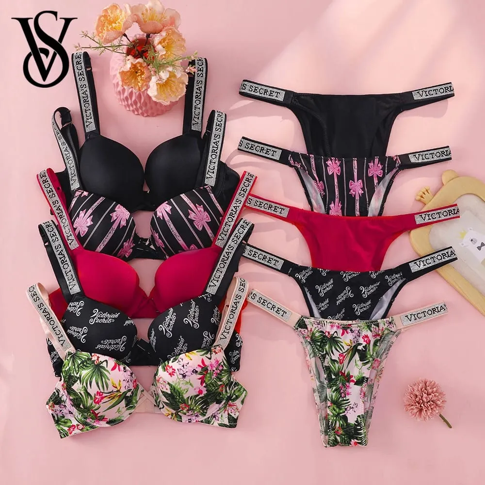 Conjunto de sutiã e calcinha push up Victoria's Secret para mulheres com logotipo de strass alças de ombro roupa íntima de renda conjunto de lingerie sexy — image 1