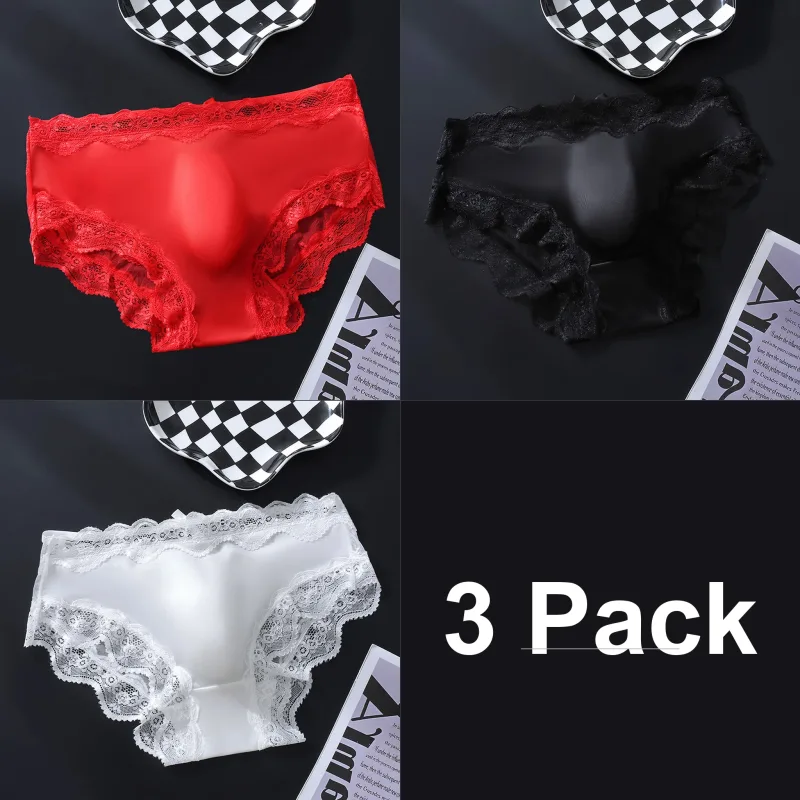 3 Pack Male Full Lace Side Briefs Ice Silk Satin 3D Molded Pouch Mid Rise Soft Smooth Men Underpants