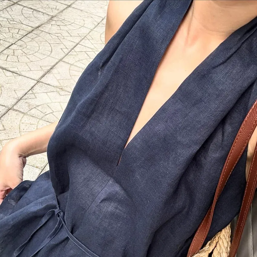 Linad Street Chic Navy Halter Tank Top For Women Fashion Deep V Neck Lace Up Vest Female Spring Casual Sleeveless Tops 2026 — image 5