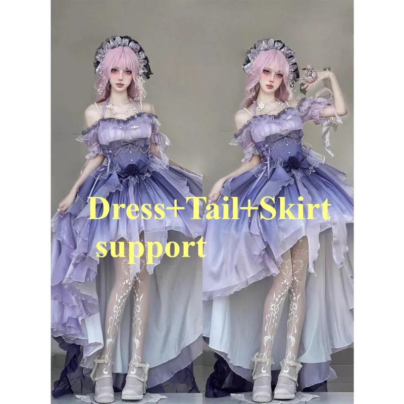 Dophee Original Lolita Trailing Puffy Dress Kvinnor Kort Fram Lång Baksida Prinsessan Blå Blomma Bröllopsklänning Elegant Off Shoulder