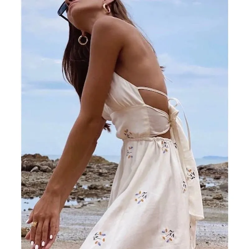 Vestido feminino de verão sem mangas de algodão cânhamo com gola halter bordado margarida sem costas vestido longo com renda — image 4