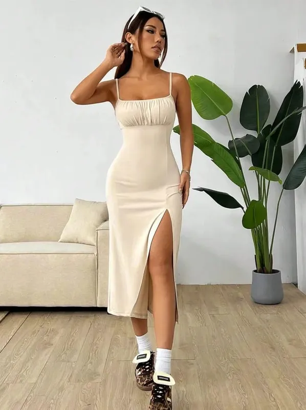 Y2K Elegant Women's Clothing SummerTrend Flower Print Spaghetti Strap Sleeveless with High Slit Ladies Bodycon Vintage Dresses