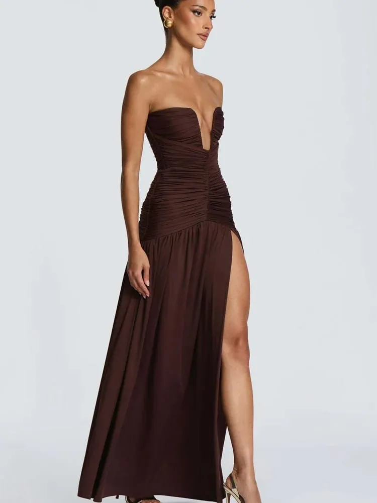 Women Elegant Deep V-neck Pleated Strapless Dress Chic Off-shoulder Backless Split Maxi Dresses 2026 Lady Evening Party Vestidos — image 1