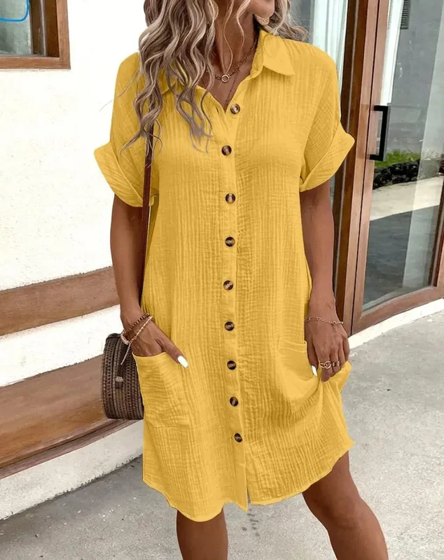 Fashion Loose Dress para sa Babae Single Breasted Raglan Sleeve Dresses na May Pocket Women Summer Tunic Short Shirt Dress Office Lady — image 4