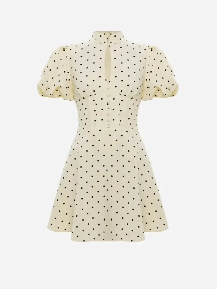 Women Retro Polka Dot Mini A-line Dress Elegant Stand Collar Puff Short Sleeve Waist-cinching Dresses Lady Party Robe 2026 New — image 5
