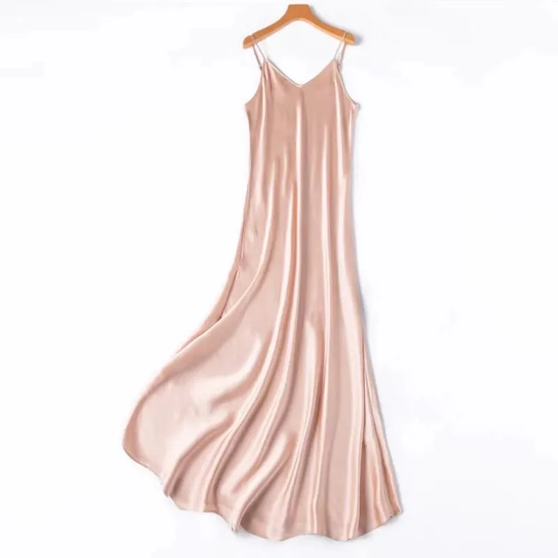 2026 Pambabaeng Fashion Bagong 21MM 100% Natural Mulberry Silk Plain Satin Extended French Sexy Adjustable Shoulder Strap Solid Dress — image 9
