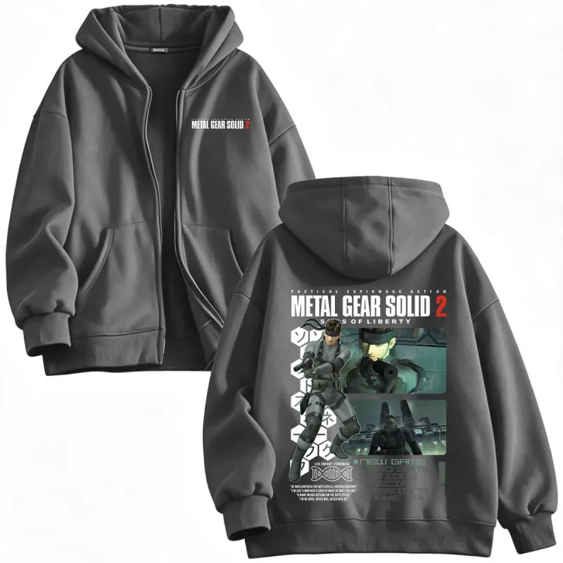 Metal Gear Solid 2 Sons of Liberty MGS2 Solid Snake Game Dragkedja Hoodies Herr Dam Fleece Zip Up Huvtröjor Jackor Kappor — image 7