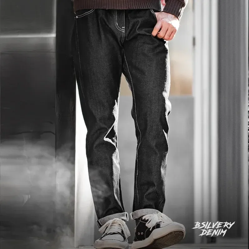 Maden Vintage 13OZ جينز دينم فضي للرجال Selvedge الخام الدينيم الخريف منتصف الخصر مستقيم السراويل الذكور تنوعا بنطلون