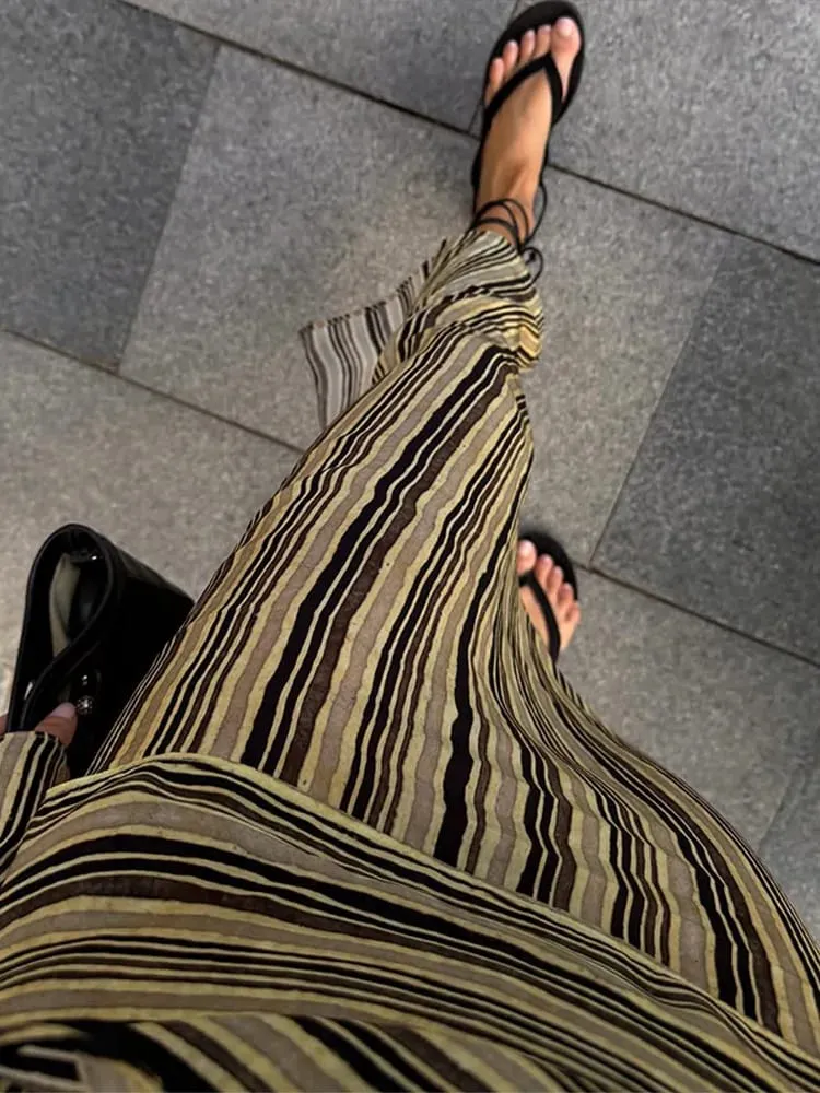 Casual listra maxi vestidos femininos soltos mangas completas profundo decote em v tornozelo comprimento vestido 2026 novas senhoras verão férias praia outfit — image 6