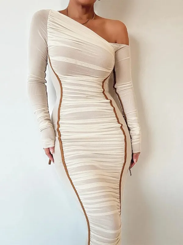 Hugcitar malha sólida gola diagonal manga longa drapeado sexy ver através bodycon maxi vestido verão moda roupas festival clube