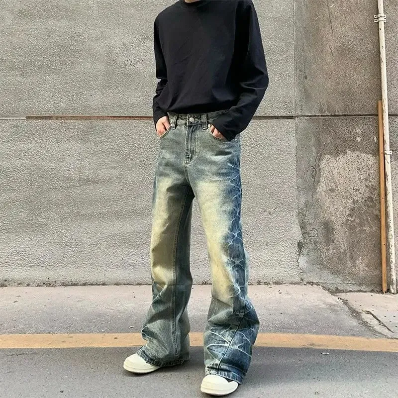 Men's Side Crease Design Straight Jeans Spring Street Sweatpants Boys Trousers Male High Waist Wide-leg Denim Pants