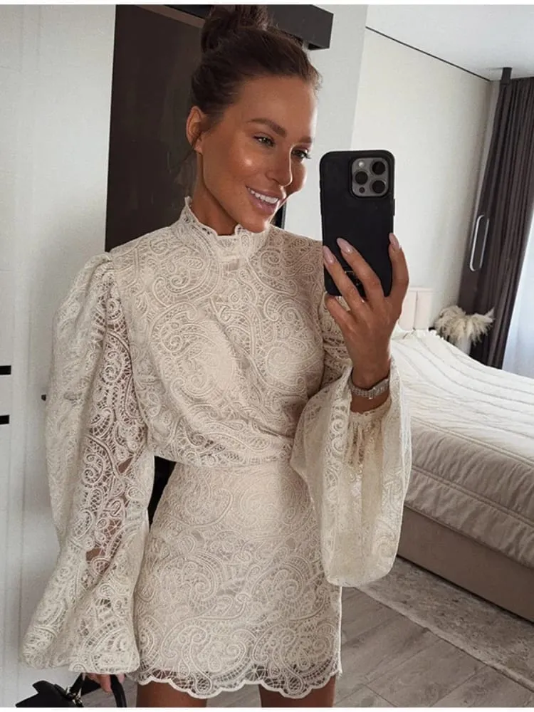 Mulheres elegantes rendas oco para fora mini vestido de manga cheia projetos chique alta pescoço vestidos curtos 2026 na moda primavera clube noite vestidos — image 6
