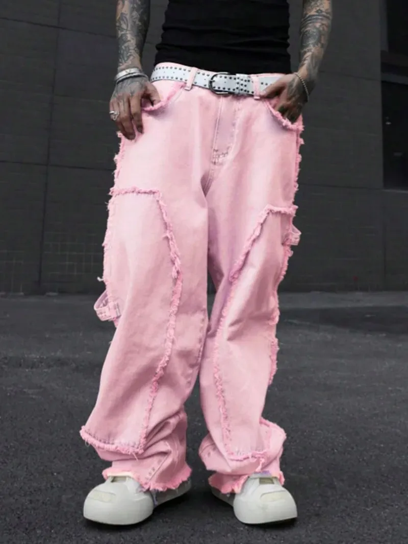 Pink Frayed Wide-Leg All-Season Cargo Denim Jeans — image 3