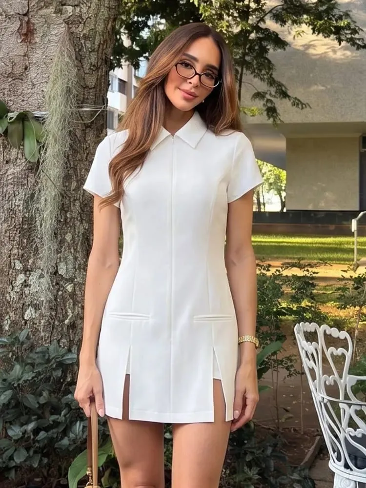 HH Summer Elegant Women Office Pleated Shirt Dress Short Sleeve Dresses Turn Down Collar Zipper Front Y2K Party Slim Mini Dress