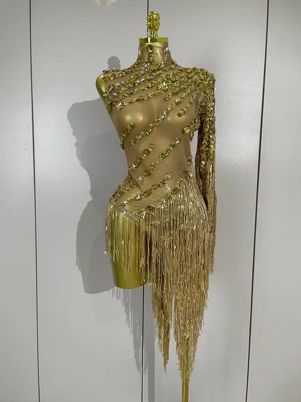 Novo brilhante strass borla sexy transparente vestido feminino um ombro roupas de dança latina bares boate festa palco traje — image 7