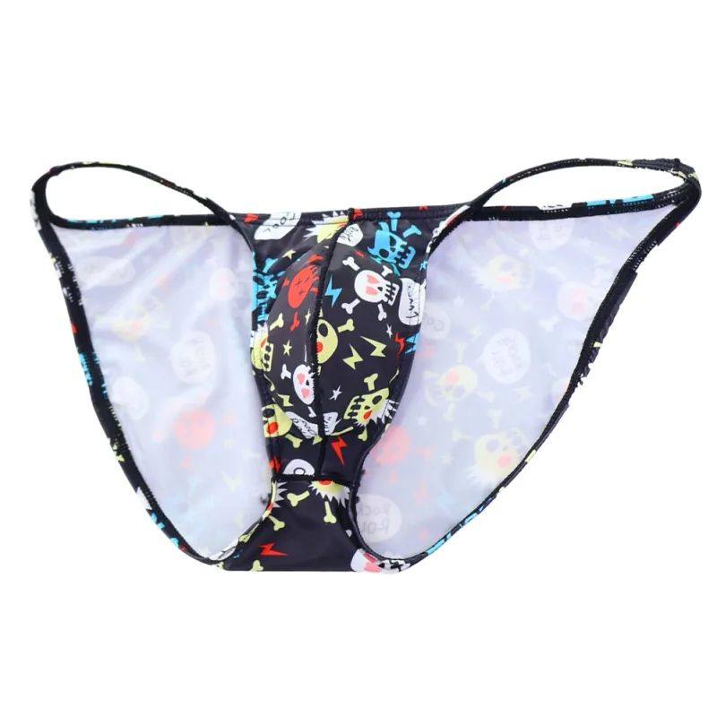 Cuecas masculinas de cintura baixa com bolsa grande e estampa de caveira, tecido elástico confortável para uso diário