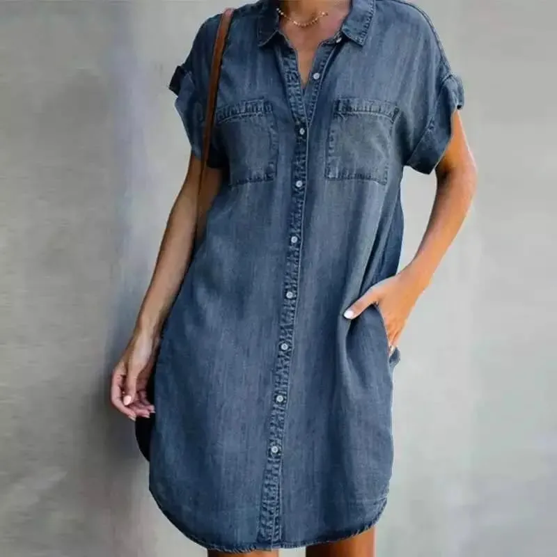 Verão novo único breasted denim camisa vestido feminino casual bolso solto simples retro commuter feminino escritório denim saia curta — image 2