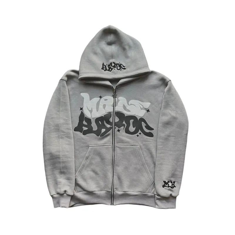 Men's Retro American Letter Zipper Printed Hooded Sweatshirt Unisex Autumn and Winter Open Cardigan — image 7