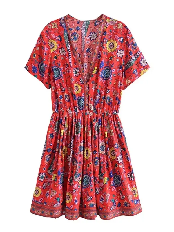 Vintage Chic Dam Peacock Blommönster Djup V-ringad Bohemian Mini Klänningar Dam Kortärmad Happie Beach Boho Klänning Vestidos — image 6