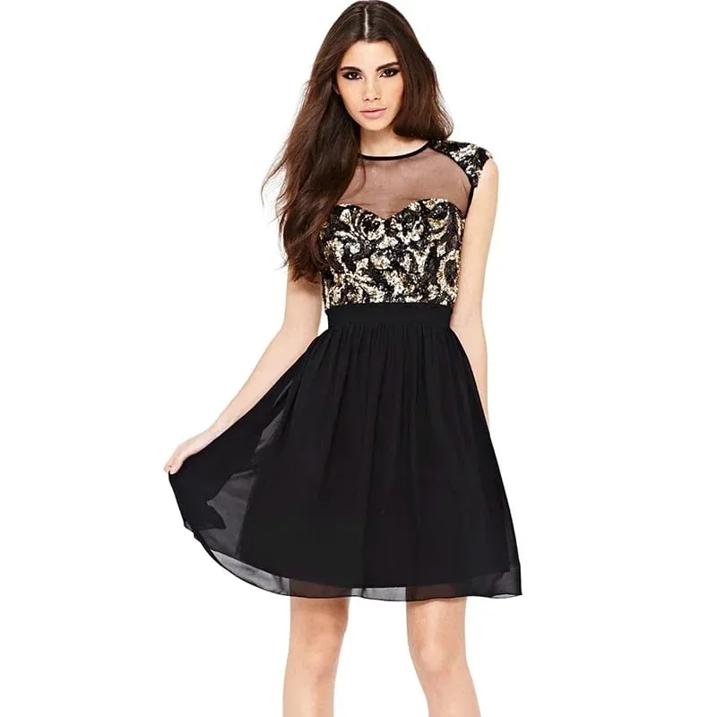 Elegant Vintage Black Mesh Insert Skater Dress Sexy Peplum Dress New Fashion Summer Dress Women Casual Chiffon Dress — image 2