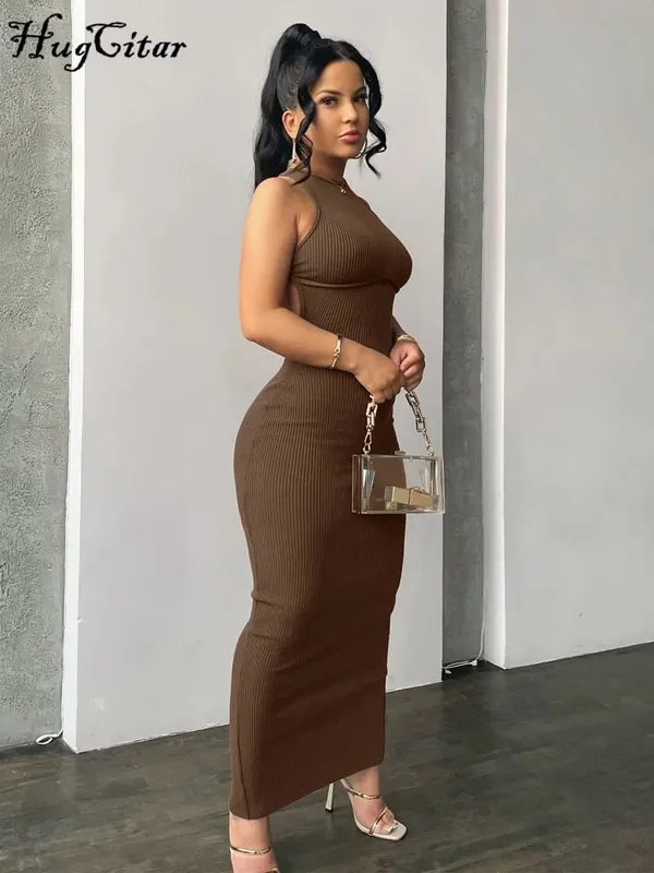 Hugcitar Ribbed Solid Hollow Out Backless Sleeveless Sexy Slit Mini Dress Bodycon 2025 Spring Women Outfits Elegant Party Y2K — image 2