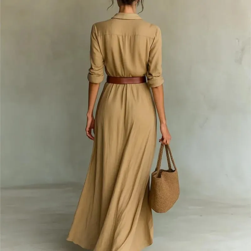 Moda feminina sólido vestido de festa de férias elegante lapela botão drapeado vestido longo casual manga longa jogo com cinto camisa vestido — image 3