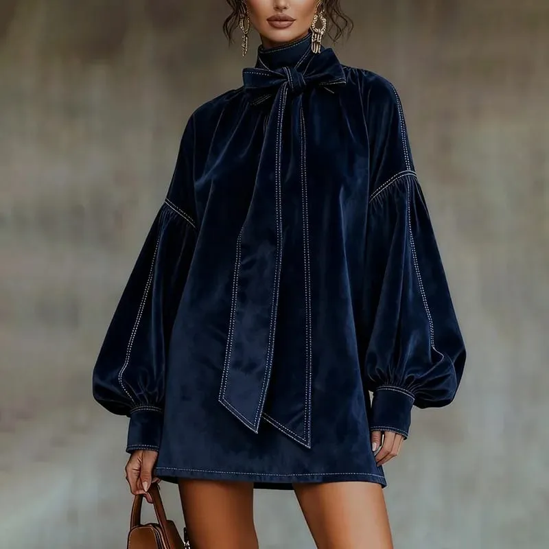 American Retro High Collar Lantern Sleeve Long Sleeve Bow Tie Elegant Velvet Women Mini Dresses Casual Autumn High Street Dress — image 1