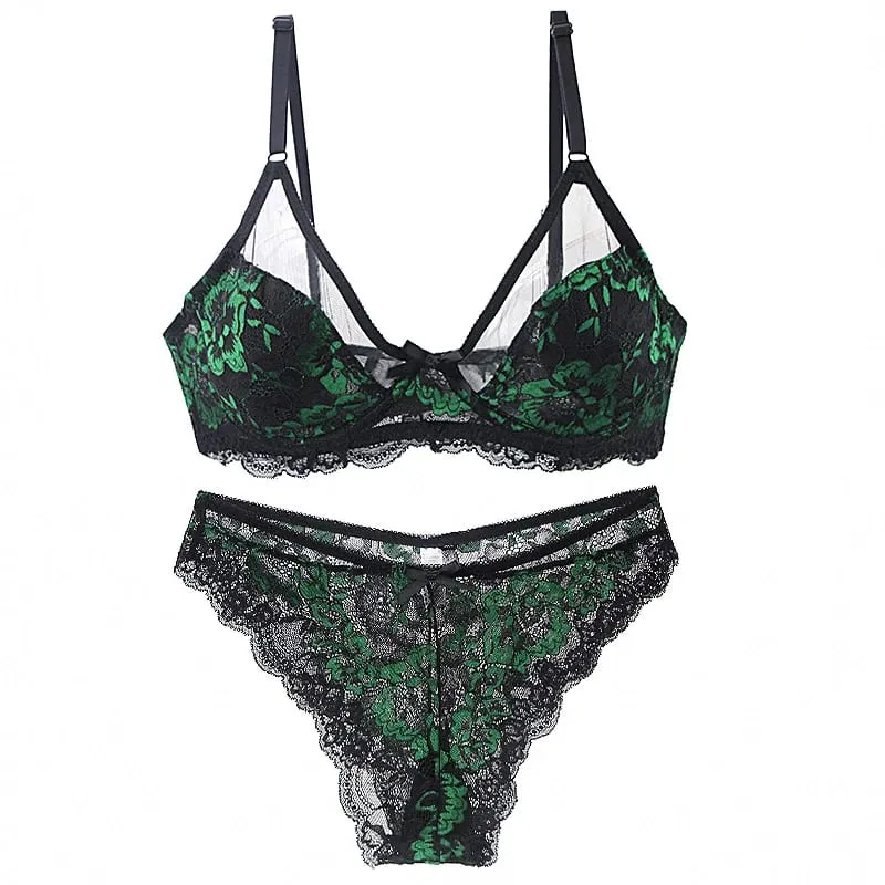 Mga Ultra-Thin Thick Bra Set 34/75 36/80 38/85 40/90 42/95 44/100 46/105 BCDE Cup Underwear Transparent Embroidery Lace Lingerie
