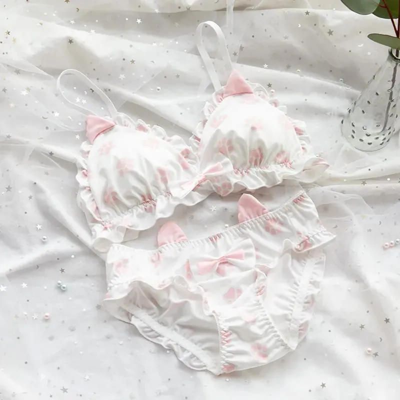 Japanse zachte meisjesbeha set schattig katje pootontwerp melkzijde stof draadvrije driehoekige cup dameslingerie