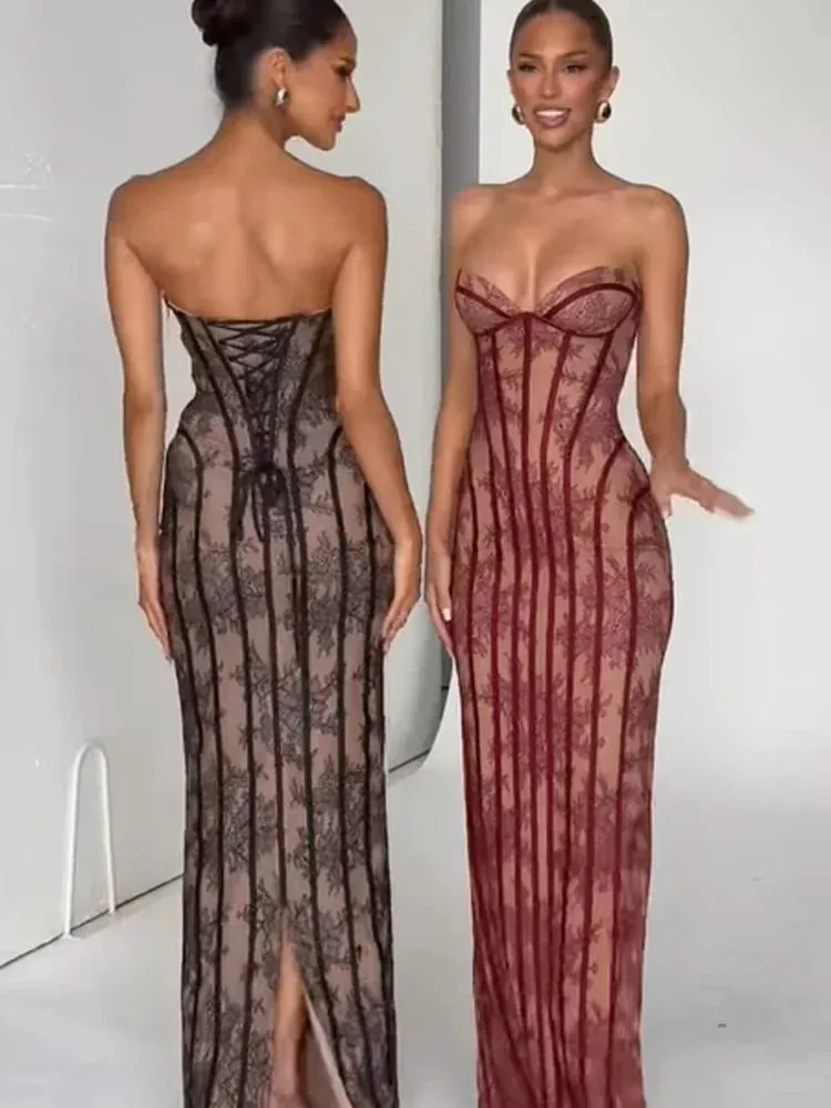 Mulheres sem alças tule espinha de peixe vestido sem costas fora do ombro impresso retalhos magro maxi vestidos 2026 senhora chique festa vestido de noite — image 5