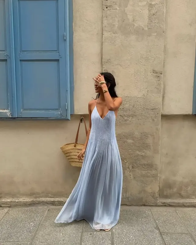 Sexy feminino cor sólida plissado vestido longo elegante sem mangas suspender sem costas magro ajuste vestidos de festa de praia robe feminino