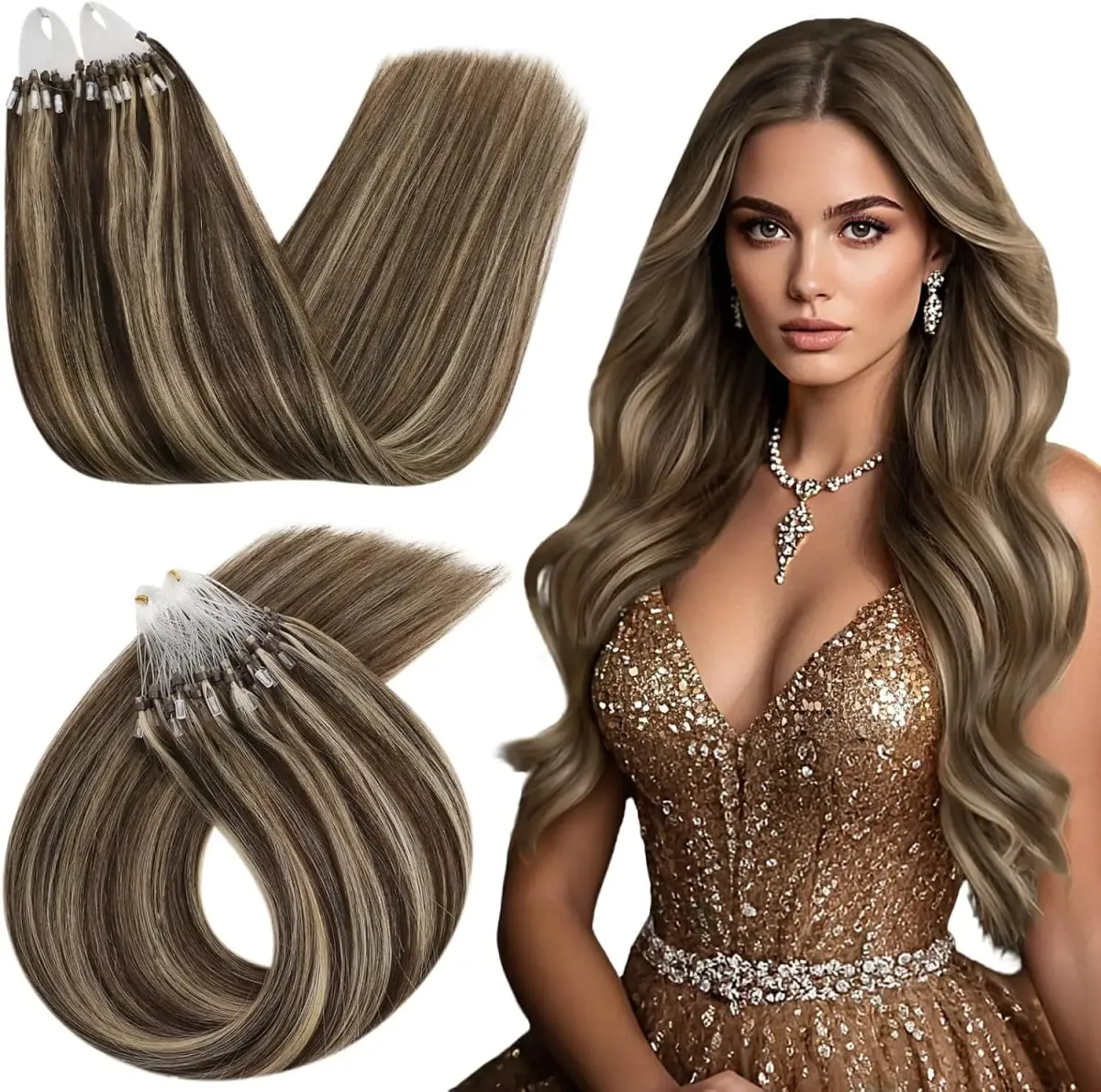 Micro Loop Human Hair Extensions - 50 Strands Thick Straight Clip-In Hair for Instant Volume & Length