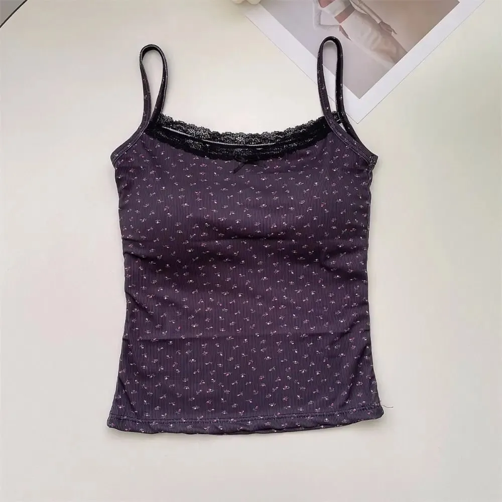 Sweet Floral Tops Lace Flower Print Camis Elegant Y2K Short Tank Tops Slim One Size Sexy Vest Lady