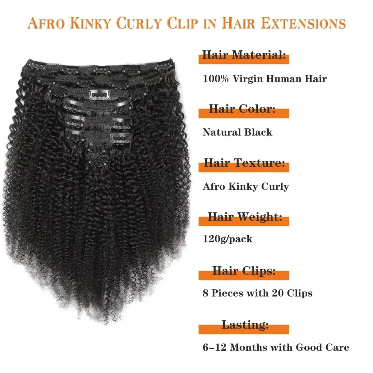 Afro Kinky Curly Clip in Hair Extensions Human Hair 12A Brazilian Hair Water Wave Clip Ins 120g Natural Black 8Pcs/Set Full Head — image 3