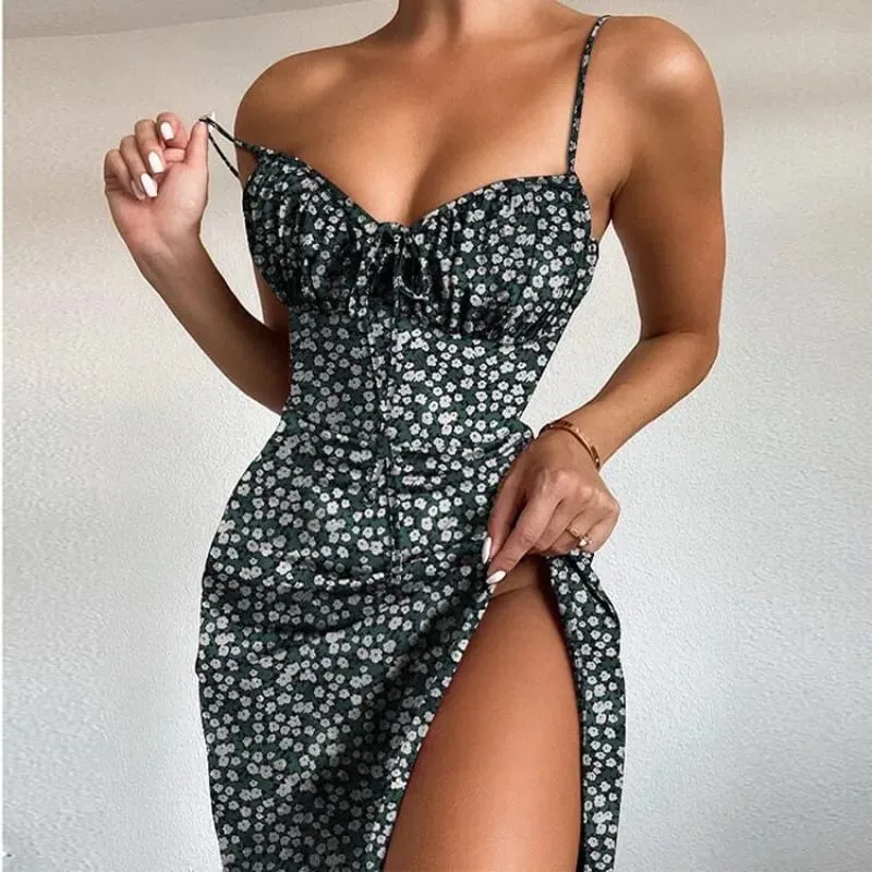 Women Elegant Floral Beach Vacation Streetwear Sexy Low Cut Beach Party Slim Slit Dress Chic Bodycon Lady Sleeveless Vestidos — image 4