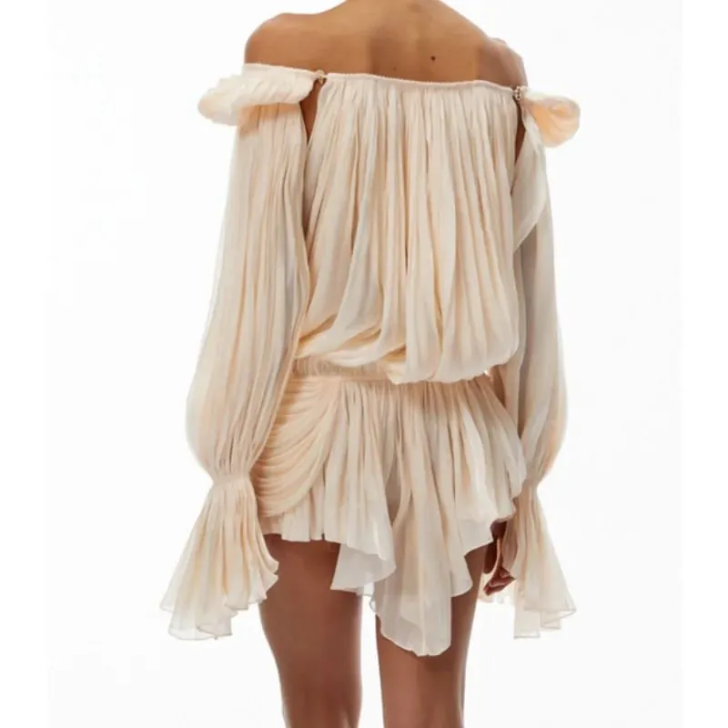 Satin Off-Shoulder Pleated Mini Dress for Women Fashion Puff Sleeve Cinched Waist Prom Party Skirt 2026 NEW Spring Lady Dresses — image 6