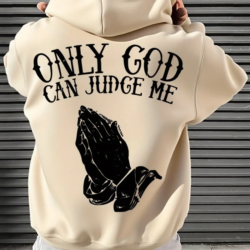 Moletom com capuz masculino "Só Deus pode me julgar" streetwear com mãos em oração pulôver gráfico inspirador para estilo casual — image 5