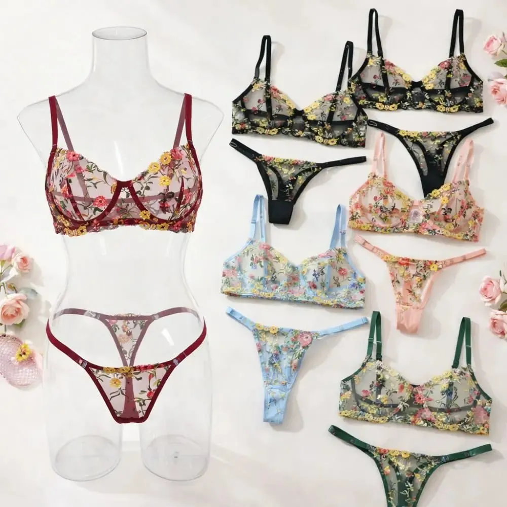 2-Piece Bohemia Floral Lingerie Set Embroidery Versatile Underwear Intimates Sheer Underwire Push-up Bra Panty Set For Lady Girl