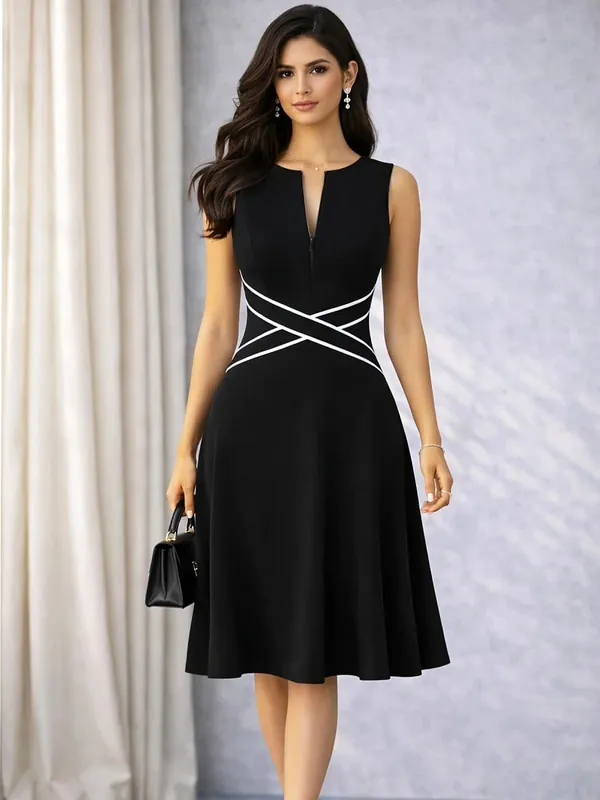 Vestido feminino sem mangas elegante, verão, trabalho, escritório, linha a, vintage, zíper frontal, negócios, casual, festa, slim fit e flare, vestido de balanço