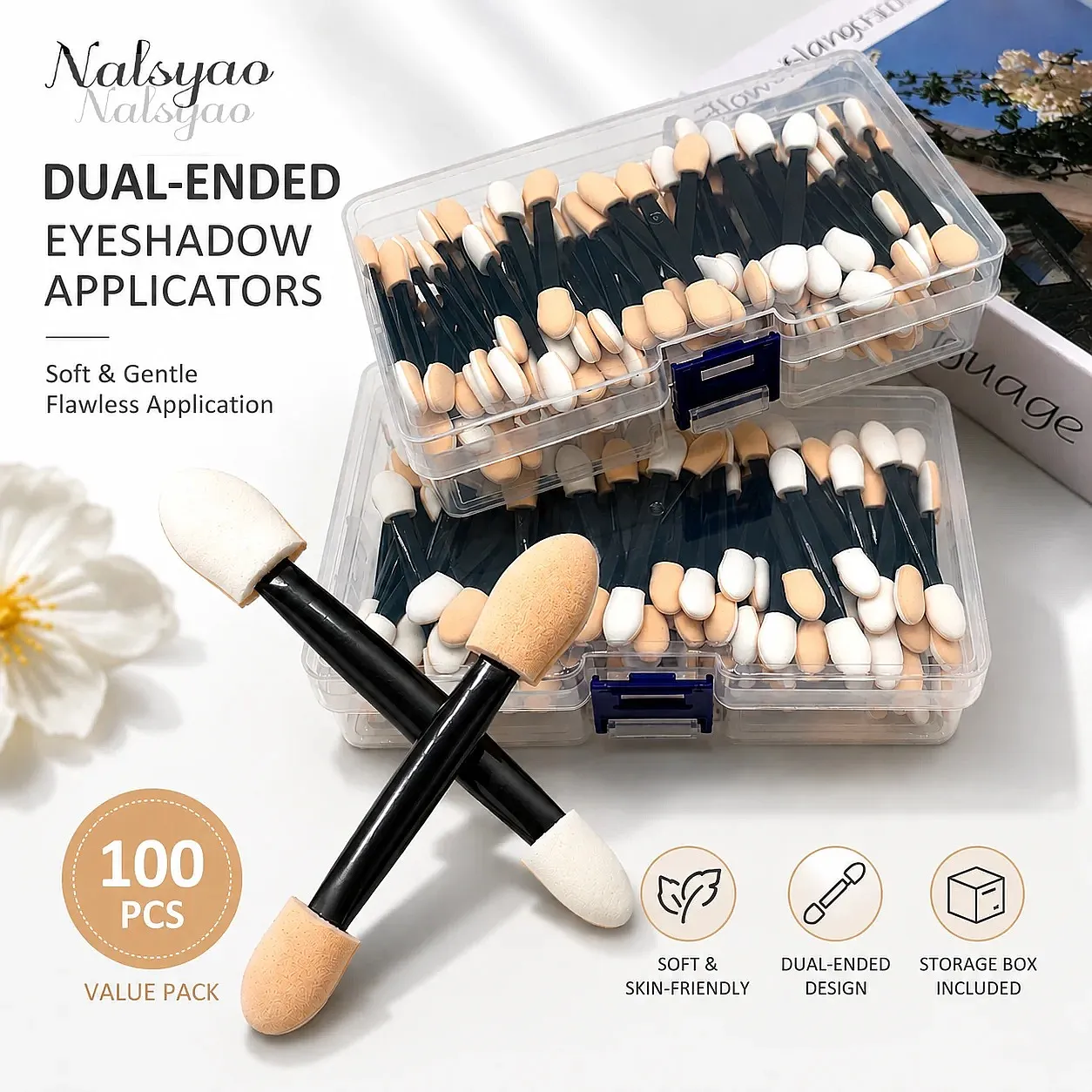 50/100/200PCS Dual-Sided Sponge Eyeshadow Applicators with Container – Long Handle Disposable Makeup Brushes Tool — image 3