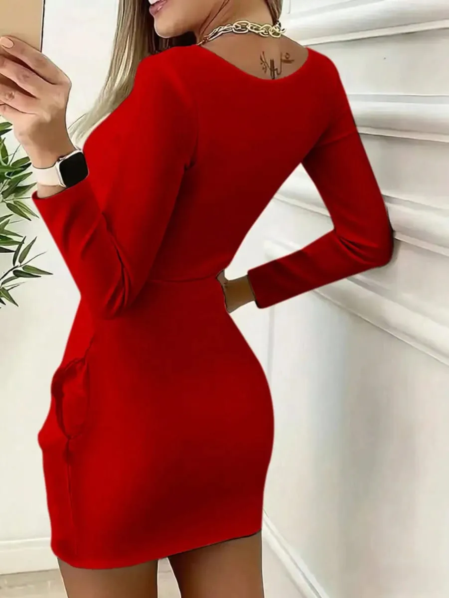 2026 Women's Casual Elegant Solid Color Round Neck Bear Zipper Printed Long Sleeve Dress Short Skirt Suitable for Daily Travel